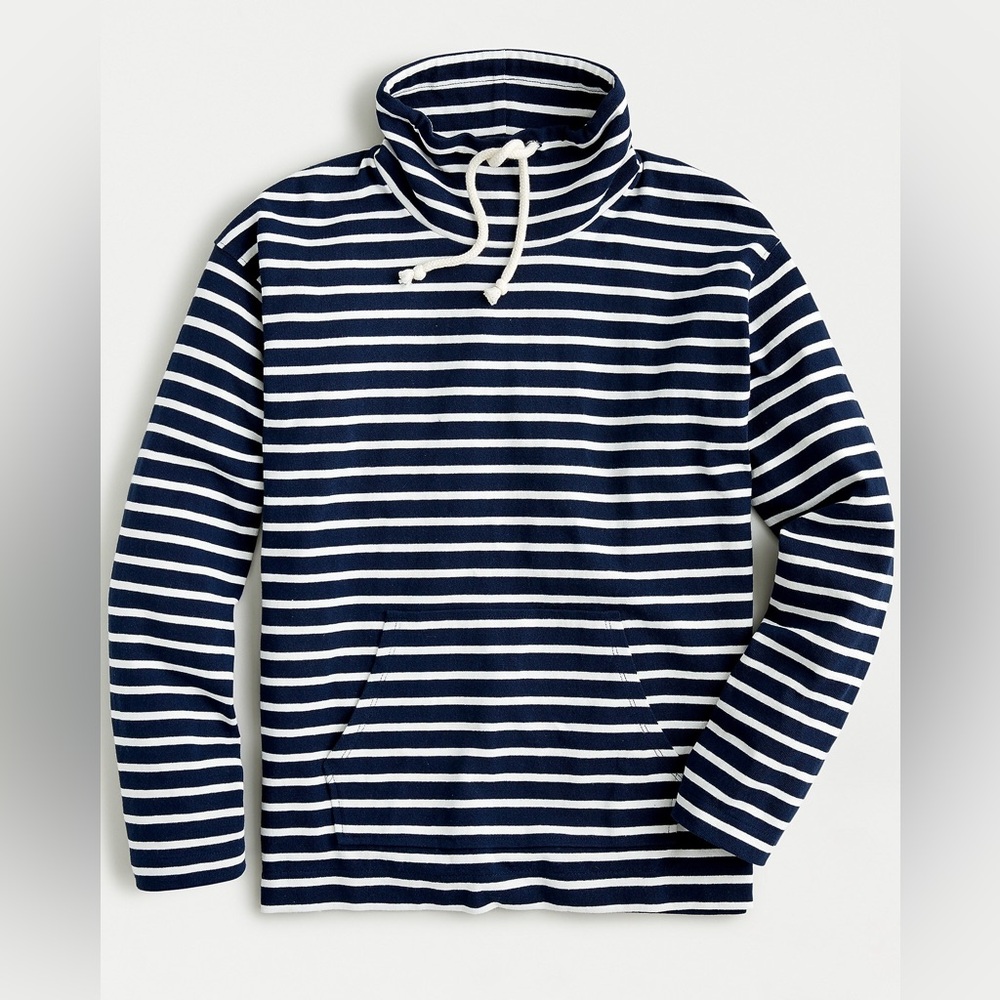 J. Crew Funnelneck Pullover in Striped Mariner Cloth Navy and White
